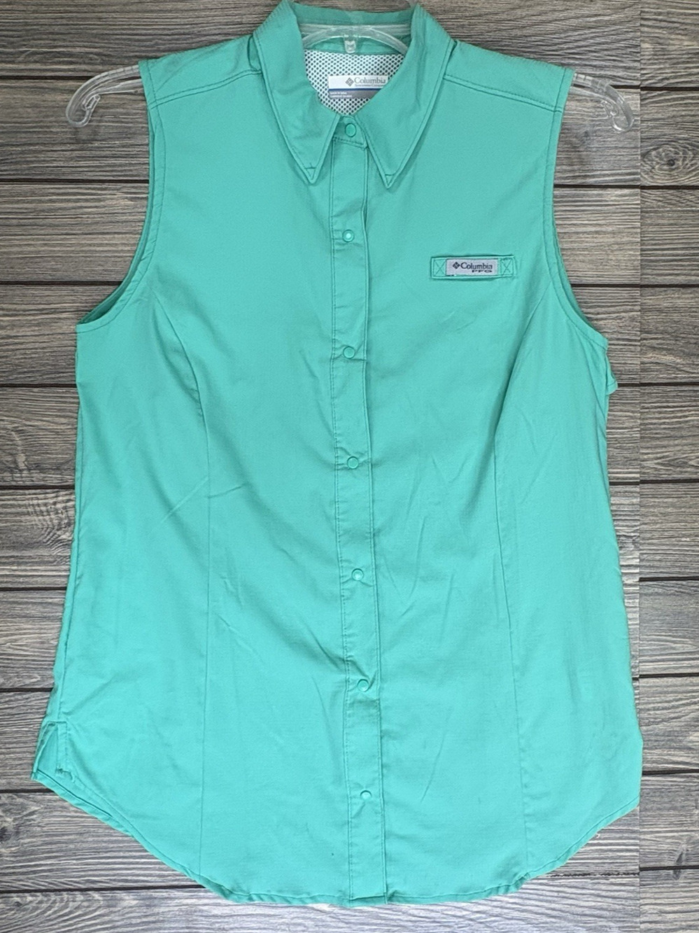 Columbia PFG Tamiami Sleeveless Shirt Teal Green Women's Small Snap Buttons